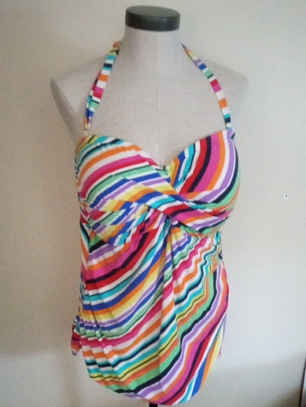Anne Cole Twist Front Multicolor Striped Swim Top with Removable Neck Strap